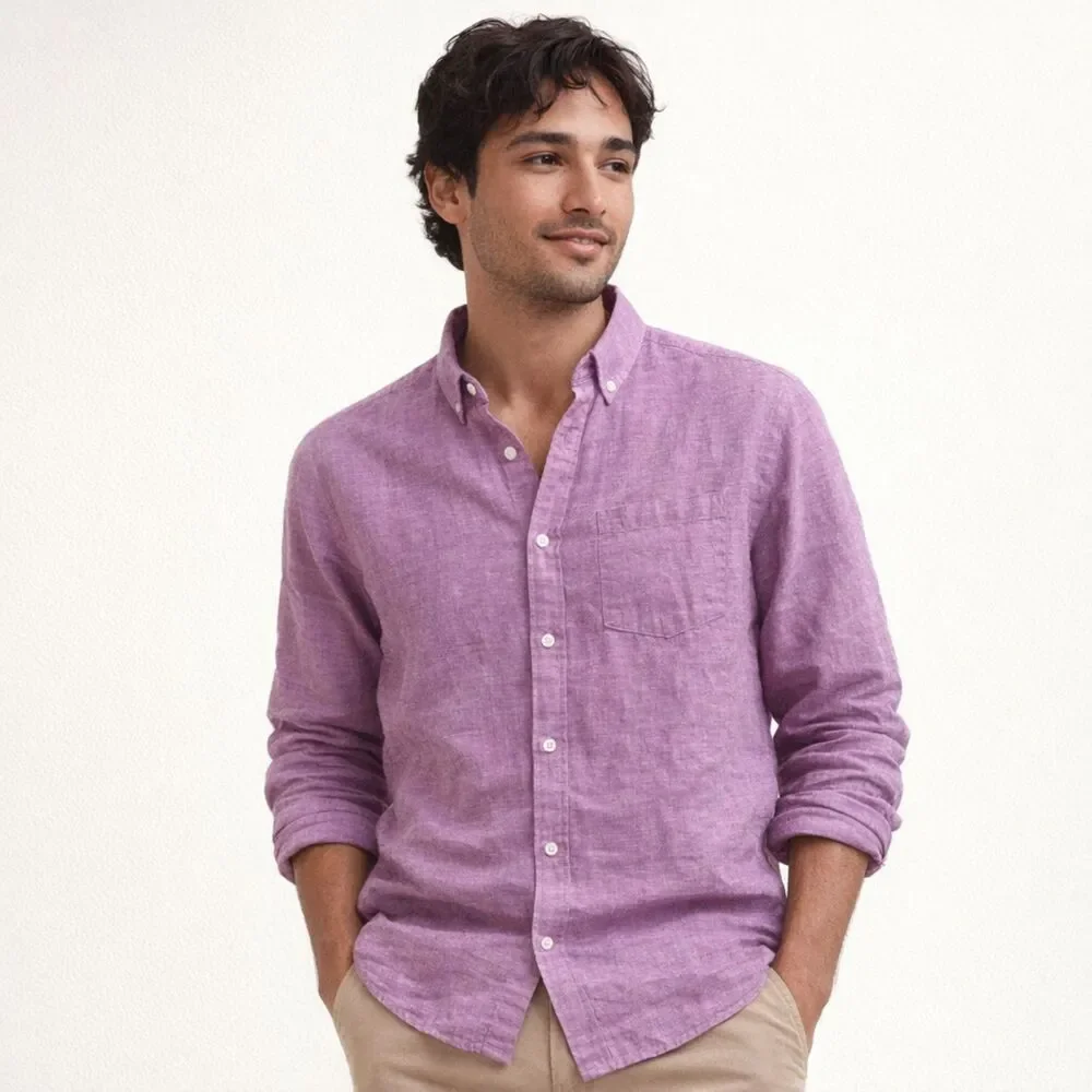 Banana Republic Slim Fit Linen Button Down Shirt Mens Size L Raspberry Coastal